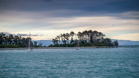 Tahunanui Beach seen from Tasman Bay, Tahunanui Beach, South Island, New Zealandのeditorial素材