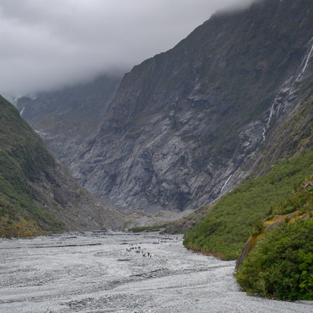 Tourists at national park, Franz Josef Glacier Walk, Westland Tai Poutini National Park, South Island, New Zealandのeditorial素材