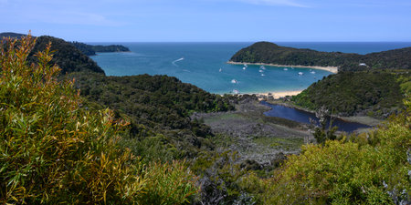 Beach seen from mountain, Abel Tasman Coast Track, Abel Tasman National Park, South Island, New Zealandのeditorial素材
