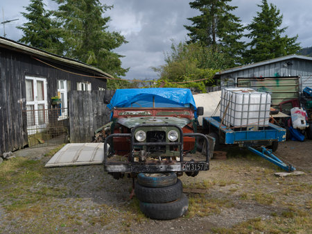 Abandoned vehicle, Totara Flats, Grey County, South Island, New Zealandのeditorial素材