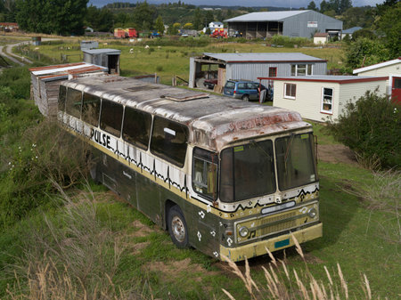Abandoned bus, Totara Flats, Grey County, South Island, New Zealandのeditorial素材