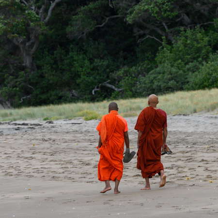 Two monks walking on beach, Hot Water Beach, The Coromandel, North Island, New Zealandのeditorial素材