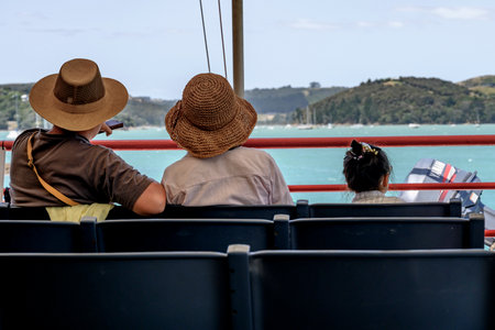 Tourists sitting on boat, Waiheke Island, Auckland, Auckland Region, North Island, New Zealandのeditorial素材