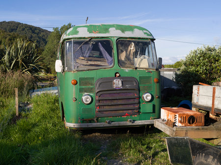 Abandoned bus, Totara Flats, Grey County, South Island, New Zealandのeditorial素材