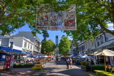 Street scene with Christ Church Cathedral in background, Trafalgar Street, Nelson, South Island, New Zealandのeditorial素材