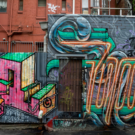 Graffiti on the wall of houses in a street, Melbourne, State Of Victoria, Australiaのeditorial素材