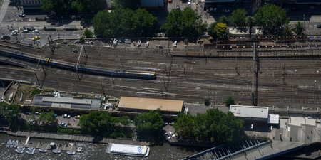 Aerial view of railway station from Eureka Tower, Melbourne, State Of Victoria, Australiaのeditorial素材