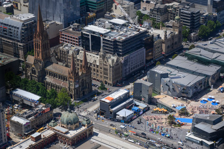 Aerial view of city from Eureka Tower, Melbourne, State Of Victoria, Australiaのeditorial素材