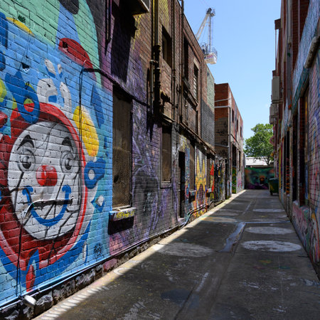 Graffiti on the wall of houses in a street, Melbourne, State Of Victoria, Australiaのeditorial素材