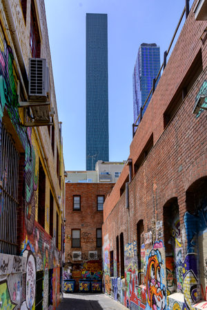 Street art on the wall of houses along narrow alley, Melbourne, State Of Victoria, Australiaのeditorial素材