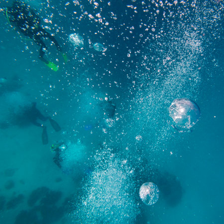 Scuba divers underwater, Turtle Bommie Dive Site, Great Barrier Reef, Queensland, Australiaのeditorial素材