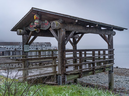 Covered dock in the Village of Alert Bay on Cormorant Island, Johnstone Strait, British Columbia, Vancouver Island, Canadaのeditorial素材