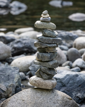 Inukshuk in Englishman River Falls Provincial Park, Vancouver Island, British Columbia, Canadaのeditorial素材