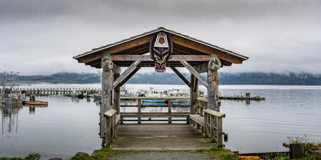 Covered dock at Alert Bay on Cormorant Island, Johnstone Strait, British Columbia, Vancouver Island, Canadaのeditorial素材