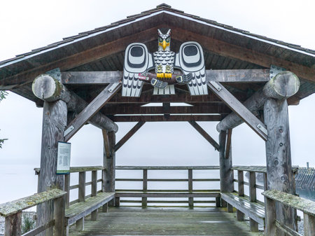 Covered dock in the Village of Alert Bay on Cormorant Island, Johnstone Strait, British Columbia, Vancouver Island, Canadaのeditorial素材