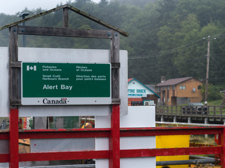 Department of Fisheries, Government of Canada sign at Alert Bay, British Columbia, Cormorant Island, Johnstone Strait, Vancouver Island, Canadaのeditorial素材