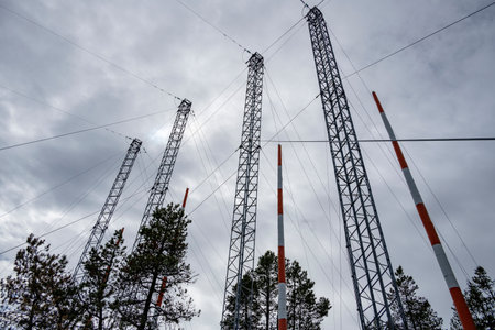 Communication Towers in the forest, Ripple Rock Hiking Trail, Seymore Narrows, Vancouver Island, British Columbia, Canadaのeditorial素材