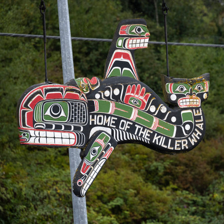 Home of the Killer Whale Sign Cormorant Island, Johnstone Strait, British Columbia, Vancouver Island, Canadaのeditorial素材