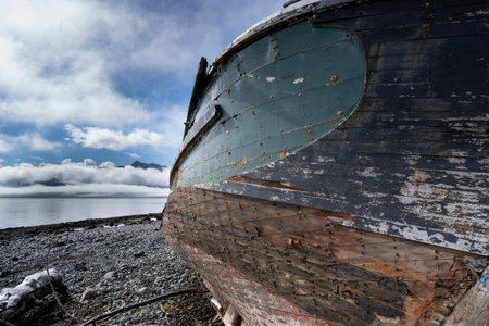Boat stranded ashore on Alert Bay, Cormorant Island, Johnstone Strait, Vancouver Island, British Columbia, Canadaのeditorial素材