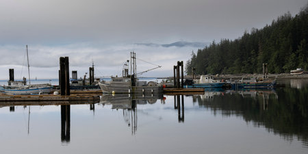 Boats docked and shoreline along Alert Bay, Cormorant Island, Johnstone Strait, Vancouver Island, British Columbia, Canadaのeditorial素材