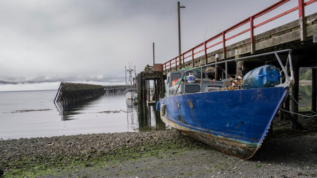 Boats along shoreline of Alert Bay, Cormorant Island, Johnstone Strait, Vancouver Island, British Columbia, Canadaのeditorial素材
