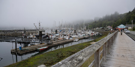 Boardwalk along the shoreline of Alert Bay on Cormorant Island, Johnstone Strait, British Columbia, Vancouver Island, Canadaのeditorial素材