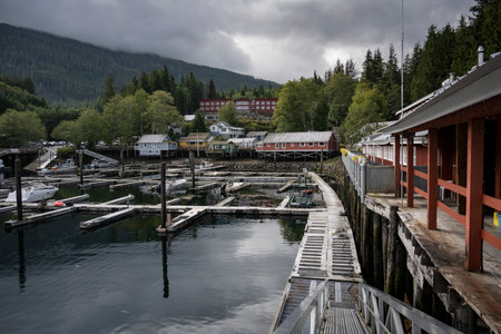 Buildings in the historical boardwalk village of Telegraph Cove, Johnstone Strait, Vancouver Island, British Columbia, Canadaのeditorial素材