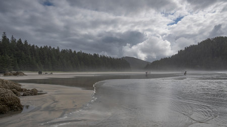 Tourists strolling along Shoreline in Cape Scott Provincial Park, San Josef Bay, Vancouver Island, British Columbia, Canadaのeditorial素材