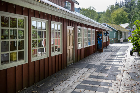 Buildings in the historical boardwalk village of Telegraph Cove, Johnstone Strait, Vancouver Island, British Columbia, Canadaのeditorial素材