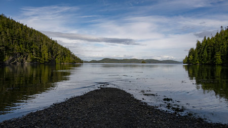View of shoreline along Telegraph Cove, Johnstone Strait, Vancouver Island, British Columbia, Canadaのeditorial素材