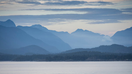 View from a BC Ferry from Nanaimo (Departure Bay) to Vancouver (Horseshoe Bay), Strait of Georgia, Bechin Hill, Vancouver Island, British Columbia, Canadaのeditorial素材