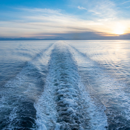 Wake of a wave at the stern of a BC Ferry boat from Nanaimo (Departure Bay) to Vancouver (Horseshoe Bay), Strait of Georgia, Bechin Hill, Vancouver Island, British Columbia, Canadaのeditorial素材