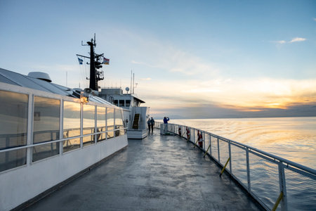 Exterior view of the deck on a BC Ferry from Nanaimo (Departure Bay) to Vancouver (Horseshoe Bay), Strait of Georgia, Bechin Hill, Vancouver Island, British Columbia, Canadaのeditorial素材