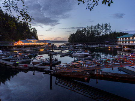 View at Sunset of the historical boardwalk village of Telegraph Cove, Johnstone Strait, Vancouver Island, British Columbia, Canadaのeditorial素材