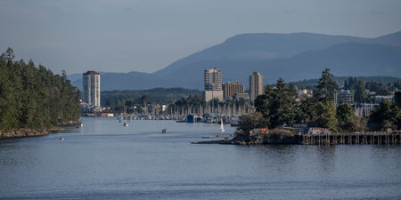 View from a BC Ferry from Nanaimo (Departure Bay) to Vancouver (Horseshoe Bay), Strait of Georgia, Bechin Hill, Vancouver Island, British Columbia, Canadaのeditorial素材