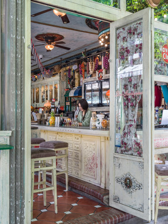 Interior view of a cafe through an open doorway in Athens, Greeceのeditorial素材