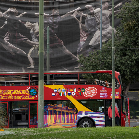Tour bus on the street in Athens Greeceのeditorial素材