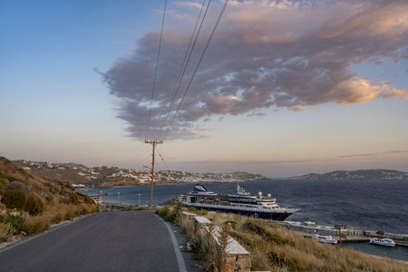 Cruise Ship at Port Mykonos, Mykonos Island, Greeceのeditorial素材