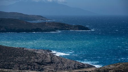 View of South Aegean Sea off the coast of Mykonos Greeceのeditorial素材