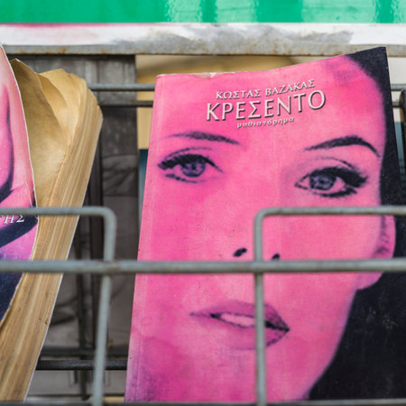 Front view of a book cover on a shelf in Mykonos Town, Mykonos Island, Greeceのeditorial素材