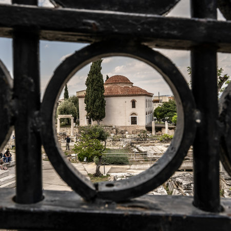 Looking through the Gates of the Ancient ruins of Roman Agora in Athens Greeceのeditorial素材