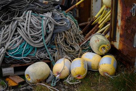 View of fishing nets and roaps, Drangsnes, Steingrimsfjorour, Kaldrananeshreppur, Westfjords,...