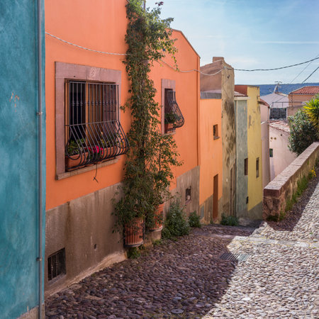 Row of buildings along a street in the Town of Bosa, Sardinia, Italyのeditorial素材