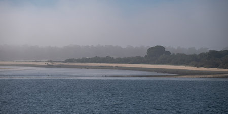 View of the coastline from a ferry ship travelling along the ocean coastline from Setubal across the water to Costa de Gale, Portugalのeditorial素材
