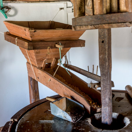 Close up of wooden manufacturing equipment in a village in Portuga that lies on the south bank of the Ribeira de Seixe, which here forms the border between the Algarve and Alentejo, Odeceixe, Faro, Portugalのeditorial素材