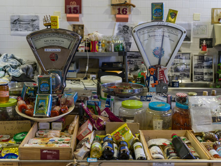 Display of merchandise in a store in the town of Lagos in southern Portugal's Algarve region known for its walled old town, cliffs and Atlantic beachesのeditorial素材