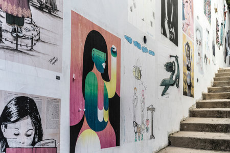 Exterior wall of various sketches in the town of Lagos in southern Portugal's Algarve region, known for its walled old town, cliffs and Atlantic beachesのeditorial素材