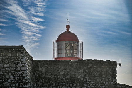 Lighthouse beacon at the top of Farol do Cabo de SÃ£o Vicente, Segres, Faro, Portugalのeditorial素材