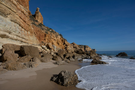 View of The Praia do Porto de Mos that is the second largest beach in the Lagos region of Portugalのeditorial素材