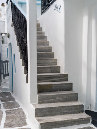Stairway on the exterior of a building in Mykonos Town, Mykonos Island, Greeceのeditorial素材